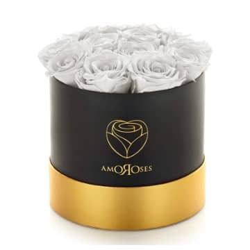 rosas eternas blancas en caja redonda negra